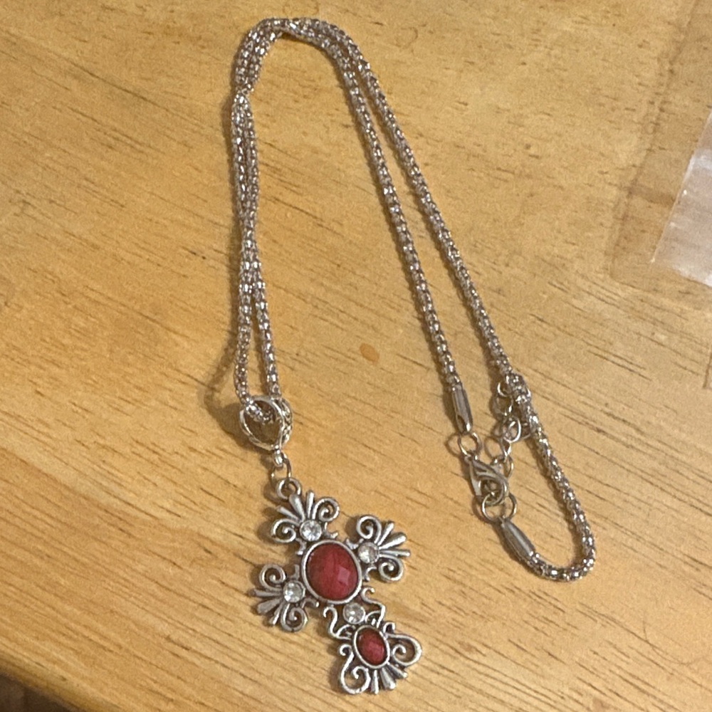 Intricate Silver and Clear Crystal and Red Cross Pendant Necklace